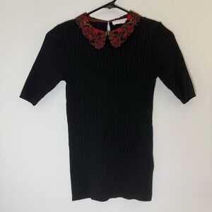 Sandro Black Top with Red Floral Collar Detail